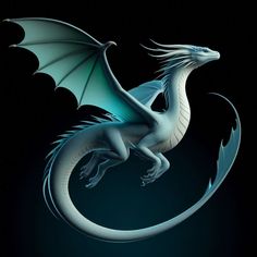 a white dragon with blue wings flying through the air, on a black background by itself