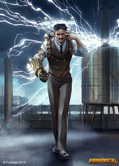 a man in a suit and tie is holding his hands up to his head while lightning strikes behind him