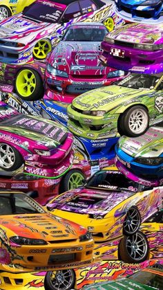 many different colored cars are shown together