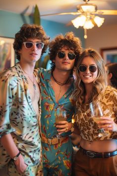 three people standing next to each other holding wine glasses in their hands and posing for the camera