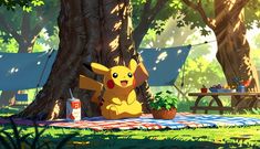 a pokemon pikachu sitting on a picnic blanket in the shade under a tree