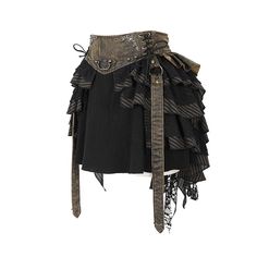 Are you flamboyant like Howl too? If yes, then this steampunk skirt will surely match your taste in clothing! The base of the skirt is made of black cotton and linen, the corset of washed leather, and for a classic Victorian look, lace and striped cotton are employed to splice. The skirt is a steampunk wardrobe staple with its traditional waterfall spliced style and muted colour palate. There are some metal embellishments on the front of the skirt and a zipper at the back to fasten. Product Spec Steampunk Oc, Hippy Witch, Short Ruffle Skirt, Steampunk Mode, Goth Skirts, Steampunk Outfits, Moda Steampunk, Goth Hippie, Waterfall Skirt