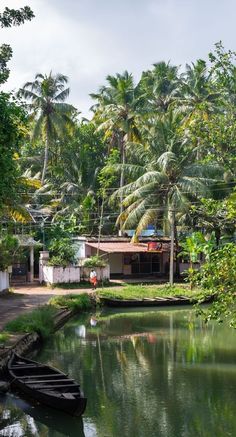 there is a small boat on the water in front of some palm trees and houses