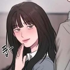 an anime character with long black hair wearing a gray shirt and tie, holding her hand to her face