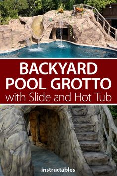 backyard pool grottoo with slide and hot tub is an easy diy project