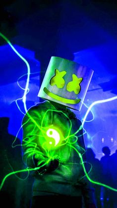 a person wearing a hat and glowing green hair