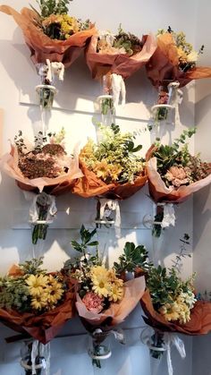 several vases filled with flowers and greenery on display in a white walled room