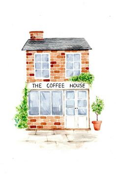 the coffee house is painted in watercolor and has a potted plant next to it