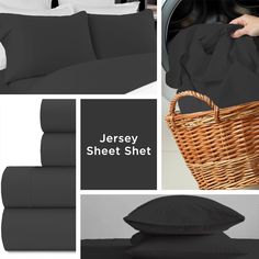 black sheets and pillow cases are shown in this collage with the words jersey sheet