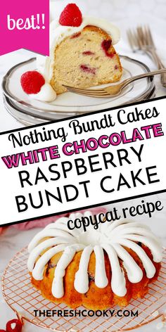 a bundt cake with white chocolate and raspberry icing is on a plate