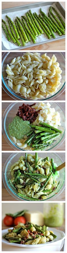 four different plates filled with pasta and asparagus on top of each other,