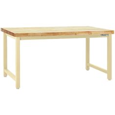 a wooden table sitting on top of a white floor