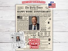 an image of a newspaper with the words happy work anniversary written in red and white