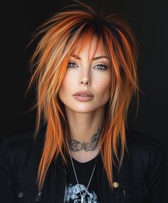 Modern Mullet with Fall Hair Colors 2024 Copper Streaks: Edgy Revival 🎸 Fall Haircut And Color, Makeover Hair, Edgy Hair Color 2024, Edgy Haircuts For Women, Scene Haircut, Corte Mullet, Colour Blocking Hair, Hair Colors 2024, Medium Shag Cut