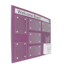 a purple board with white squares on it and the words welcome board written in black