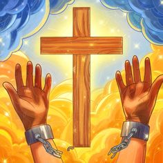 two hands are chained to a cross in front of blue clouds and yellow sunbursts