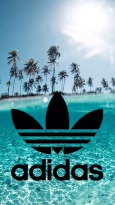 the adidas logo is reflected in clear blue water with palm trees and an island in the background