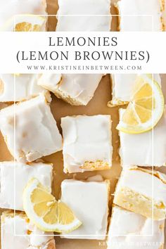 lemon brownies with white frosting and sliced lemons