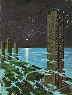 an image of a tall tower in the middle of some water at night with stars above it