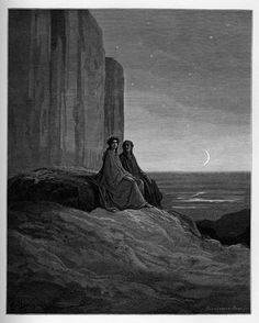 two people sitting on the edge of a cliff looking out at the ocean and stars in the sky