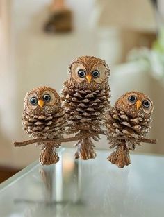 three little owls sitting on top of a table with pine cones in their beaks