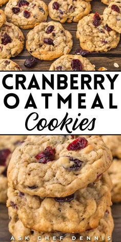 cranberry oatmeal cookies stacked on top of each other with text overlay