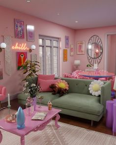 a living room filled with furniture and pink walls