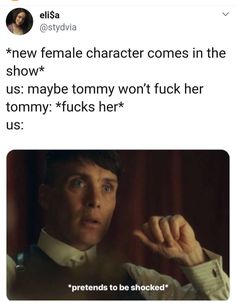 a tweet that reads, new female character comes in the show us maybe tommy won't f