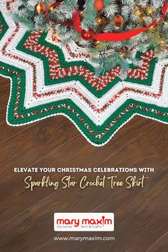 a crocheted christmas tree skirt with ornaments on it