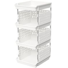 three white plastic baskets stacked on top of each other in front of a white background