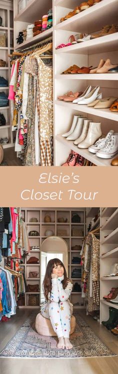 a woman kneeling down in front of a closet filled with shoes and other clothing items