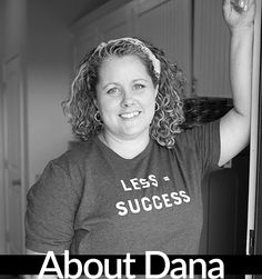 a woman standing in front of a door with the words about dana on it