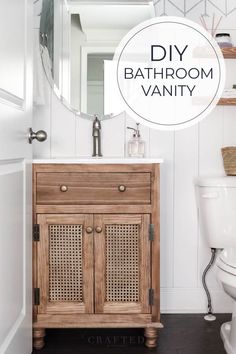 a bathroom vanity with the words diy bathroom vanity above it and an image of a toilet