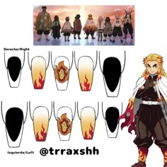 Demon Slayer Nails Rengoku, Demon Slayer Acrylic Nails, Anime Inspired Nails Demon Slayer, Anime Nail Ideas Demon Slayer, Nail Art Designs Anime, Demon Slayer Nail Designs, Anime Nails Demon Slayer, Rengoku Nails, Uñas Demon Slayer