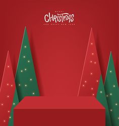 a red background with green trees and lights on it, the words christmas written in white