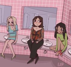 three women are sitting on the bathroom counter