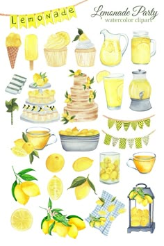 the lemonade party watercolor clipart set includes lemons, ice cream, lemonade