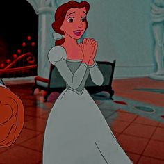 an animated image of a woman in a white dress standing next to a fire place