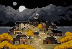 an old pixel art style town with houses and trees in the foreground at night