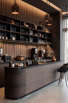 kitchen interior kitchen inspo modern design dark wood floors home inspo Slatted Wall Kitchen, Office Coffee Bar Ideas Small Spaces, Office In Kitchen, Modern Office Kitchen, Modern Home Bar, Home Bar Design, Coffee Bar Home