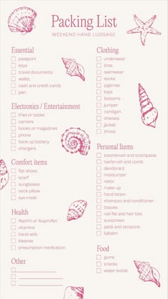 a pink and white checklist with shells on it, including the words packing list