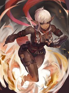 an anime character with white hair is flying through the air in front of fire and flames