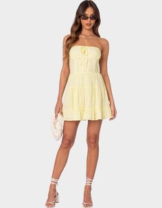 EDIKTED Liora Lacey Cotton Mini Dress - YELLOW | Tillys Open Knit Sweater, Cargo Skirt, Metallic Dress, Women Trends, Babydoll Dress, Sweaters And Jeans, Yellow Dress, Dress Romper, Swimwear Accessories