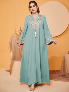 Plus Floral Embroidery Tassel Trim Dress | SHEIN USA Festive Green Dress With Tassels, Festive Green Tassel Dress, Festive Long Sleeve Dress With Tassels, Festive Blue Dress With Tassels, Festive Blue Tassel Dress, Long Sleeve Kaftan With Tassels For Spring, Long Sleeve Spring Kaftan With Tassels, Traditional Long Sleeve Kaftan With Tassels, Bohemian Tassel Dress For Eid