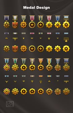 an image of medals and badges on a black background with the words medal design above them