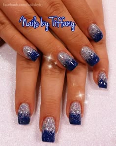 Navy Blue Glitter Nails Acrylic, Gel Nails Royal Blue And Silver, Blue Nail Designs For Wedding, Navy And Silver Nails Wedding, Dark Blue Ombre Nails Glitter, Ombre Nails Blue Glitter, Blue Nail Dip Designs, Navy Blue Nail Designs Wedding, Wedding Nails Design Blue