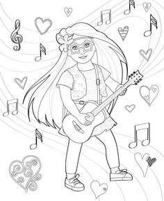 a girl playing guitar with musical notes around her