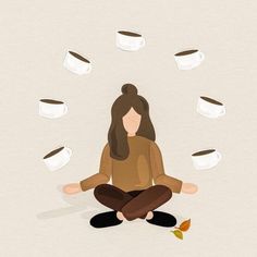 a woman sitting in the middle of a yoga pose with coffee cups flying around her