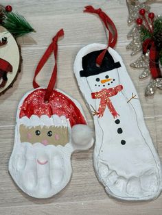 Air dry clay ornaments | handprint ornaments | footprint ornaments Foot Ornaments For Kids, Kids Air Dry Clay Ornaments, Homemade Toddler Christmas Ornaments, Diy Ornaments Kids Handprint, Christmas Footprint Ornament Salt Dough, Christmas Handprint Ornaments Diy Kids, Kids Clay Ornaments Diy, Baby Foot Ornament Diy, Toddler Clay Ornaments