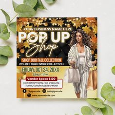 a flyer for a pop up shop featuring an image of a woman holding shopping bags